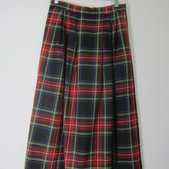 Vtg Lands End Womens P 8 Red Green Tartan Plaid Wool Pleated Midi Skirt Scotland - Picture 1 of 11